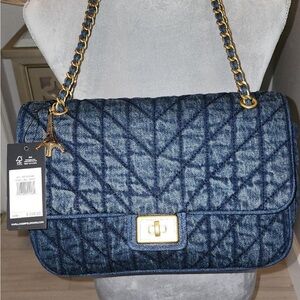 Karl Lagerfeld Quilted Denim Shoulder Bag in Blue with Gold Hardware